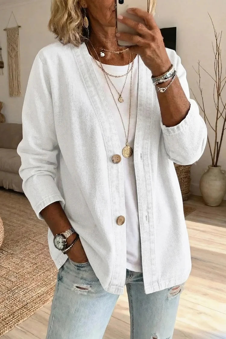 Women's Classic Button Front Denim Jacket – V-Neck, Breathable Fabric & Relaxed Fit 💙