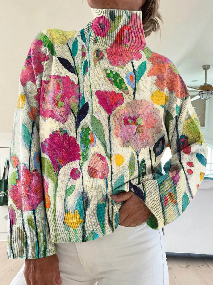 Melani™ | Vintage Floral Abstract Art Turtleneck Sweater