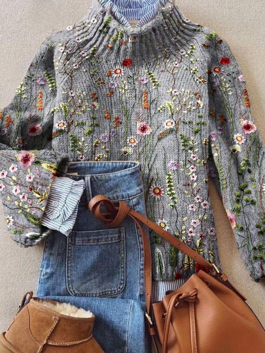 Klyra™ | Vintage Floral Print Turtleneck Sweater