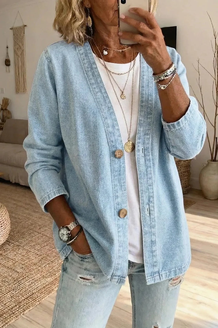 Women's Classic Button Front Denim Jacket – V-Neck, Breathable Fabric & Relaxed Fit 💙