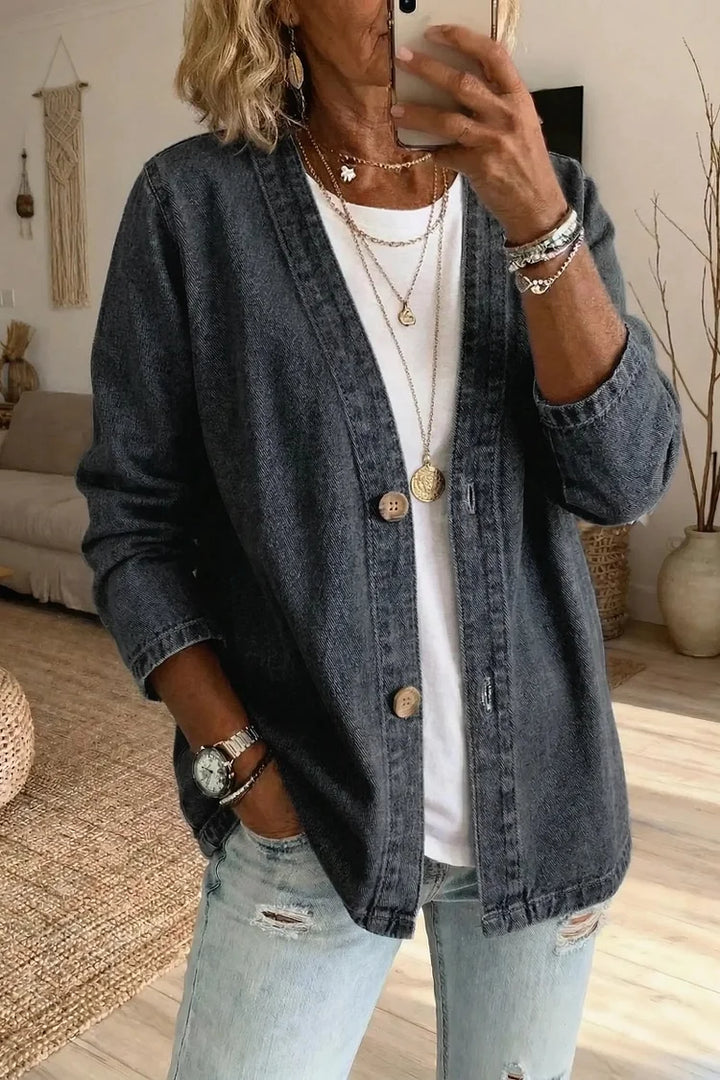 Women's Classic Button Front Denim Jacket – V-Neck, Breathable Fabric & Relaxed Fit 💙