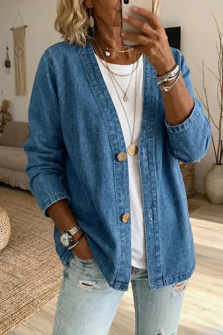 Women's Classic Button Front Denim Jacket – V-Neck, Breathable Fabric & Relaxed Fit 💙