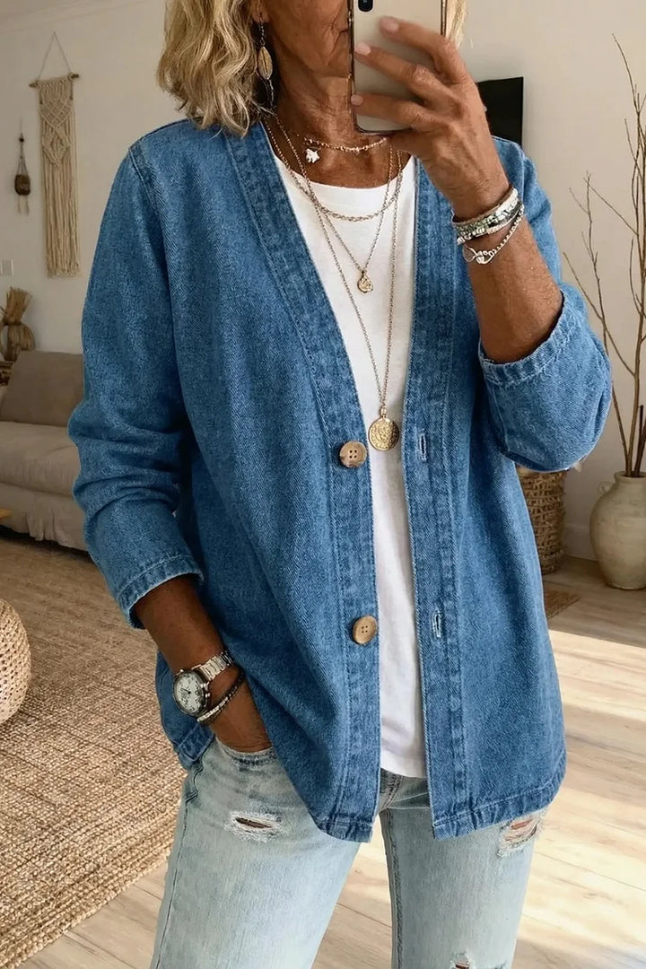 Women's Classic Button Front Denim Jacket – V-Neck, Breathable Fabric & Relaxed Fit 💙