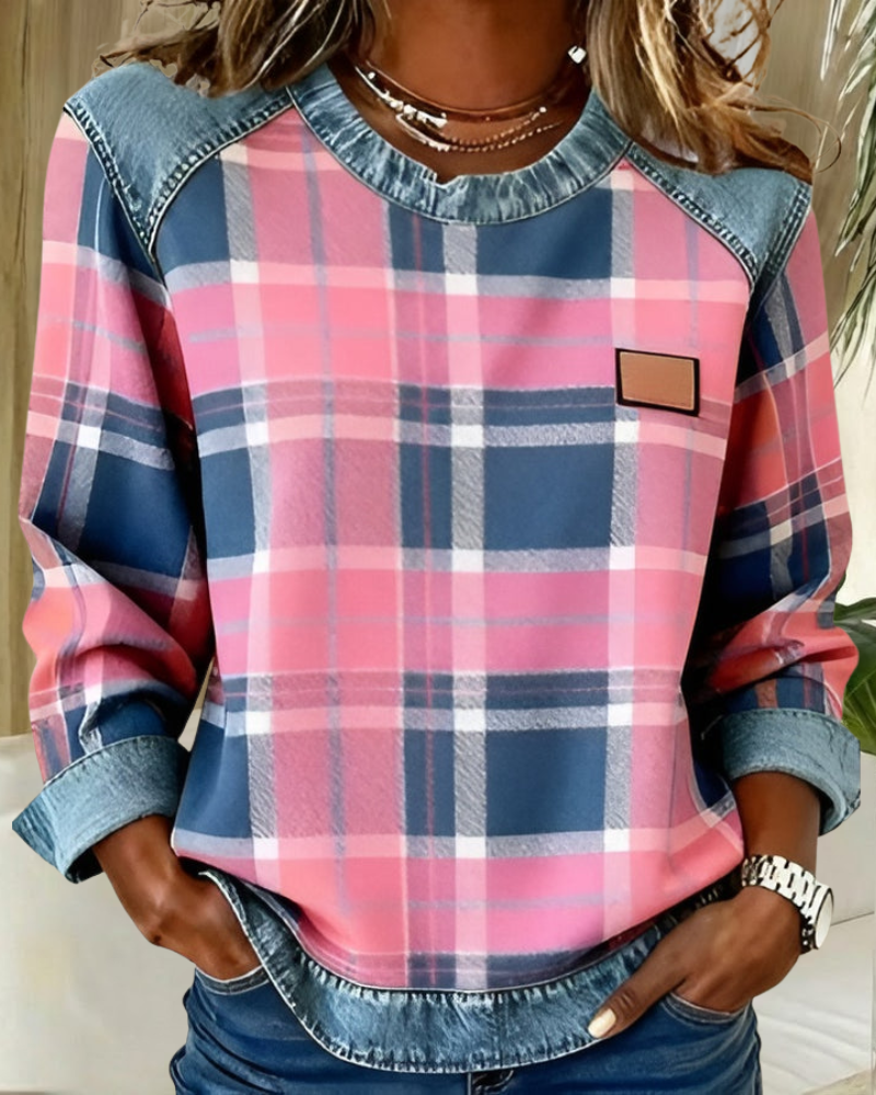 Avery | Pink Plaid Denim Sweater