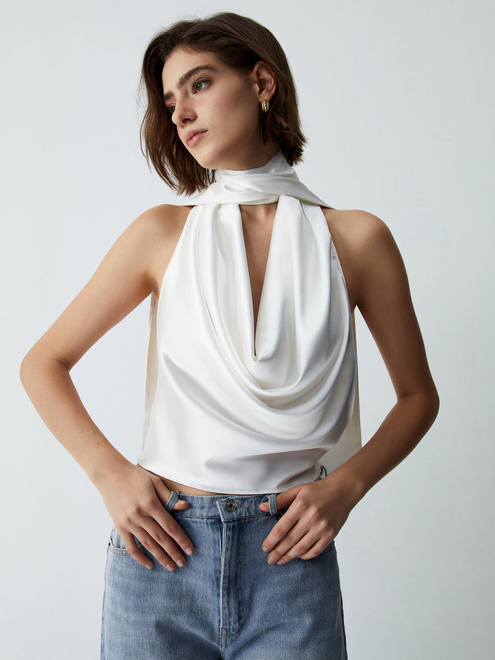 Cowl Neck Open Back Satin Crop Top