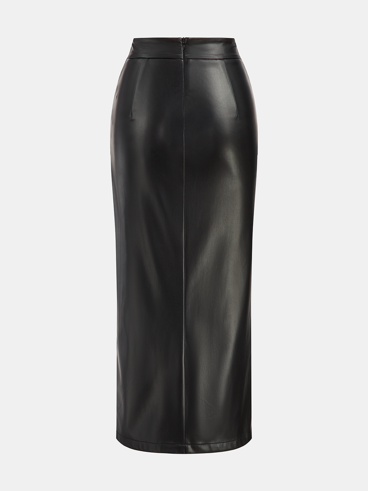 Faux Leather Slit Ruched Maxi Skirt