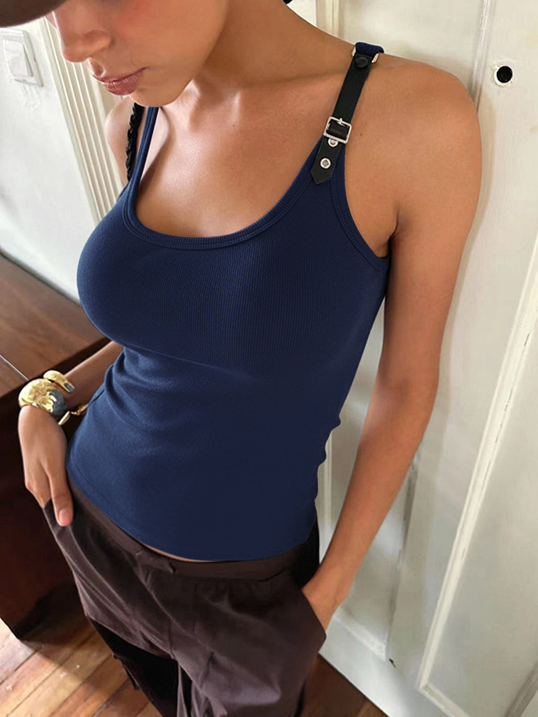 Ribbed Stretchy Faux Leather Buckle Vintage Tank Top