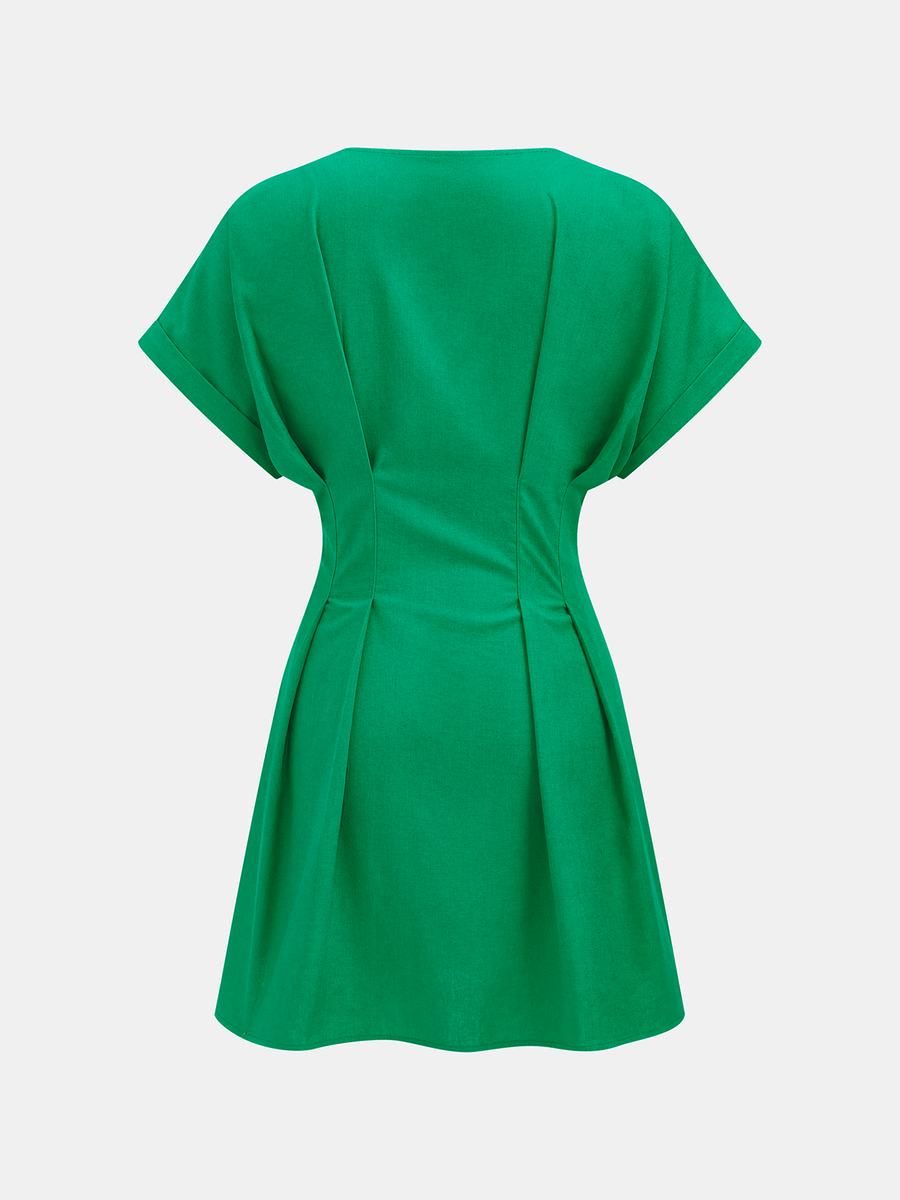 Cotton-Linen Pleated Button-Front  Mini Dress