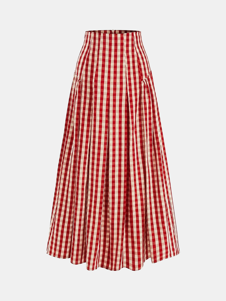 Gingham High-Waisted Pleated Midi Skirt