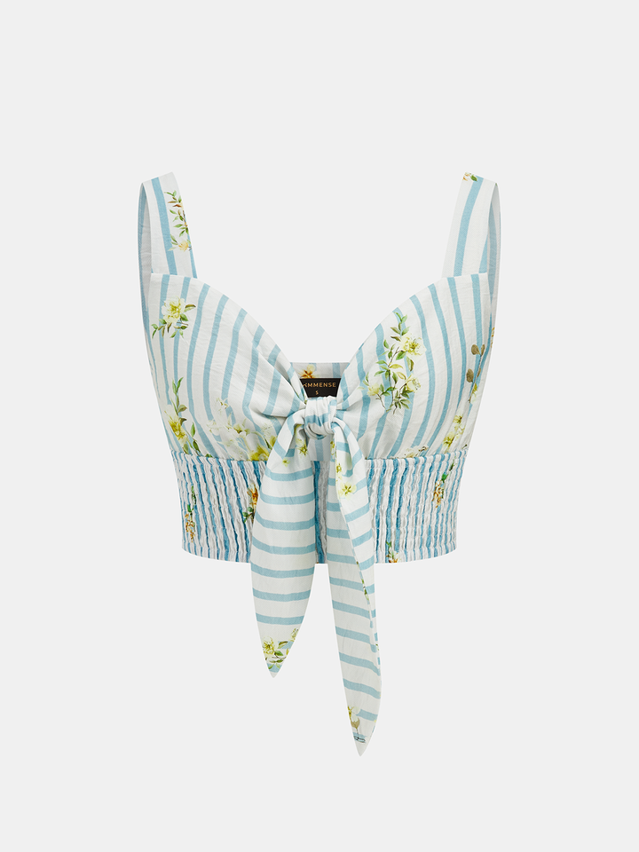 Floral Print Striped Smocked Top & Skirt Set