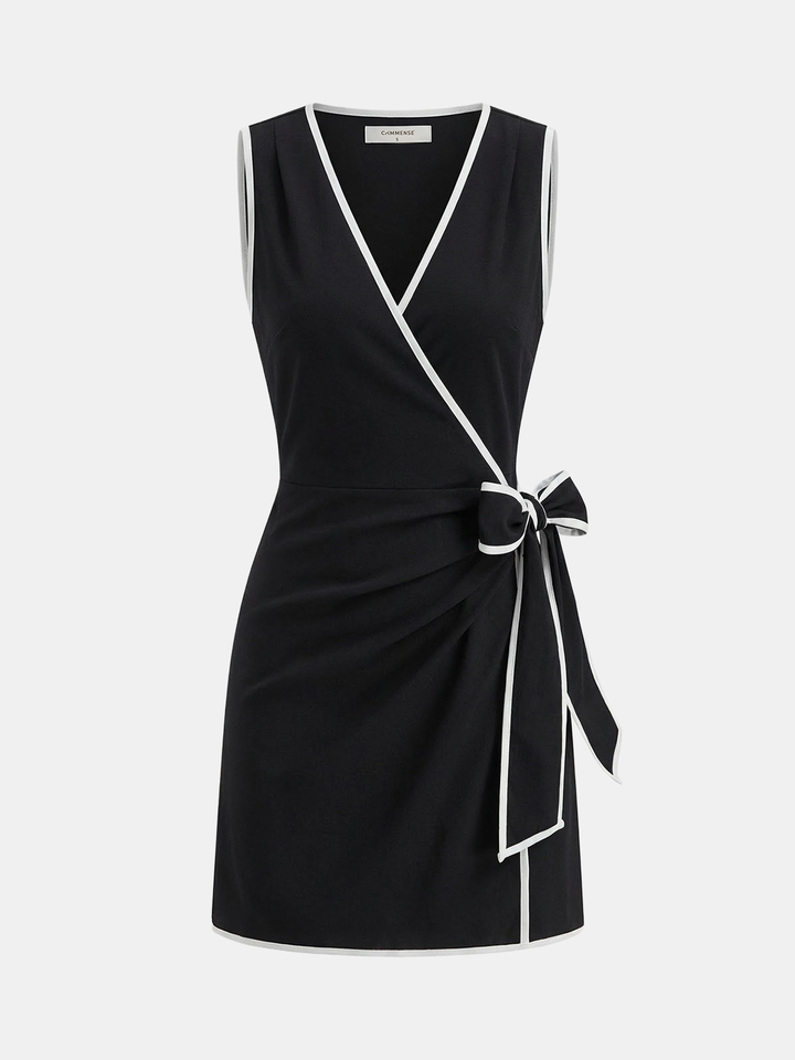 Linen-Blend Contrast Trim Wrap Dress