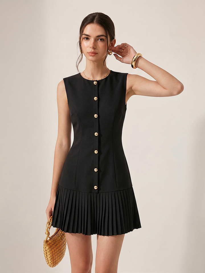 Metal Detail Sleeveless Slim Fit Pleated Mini Dress