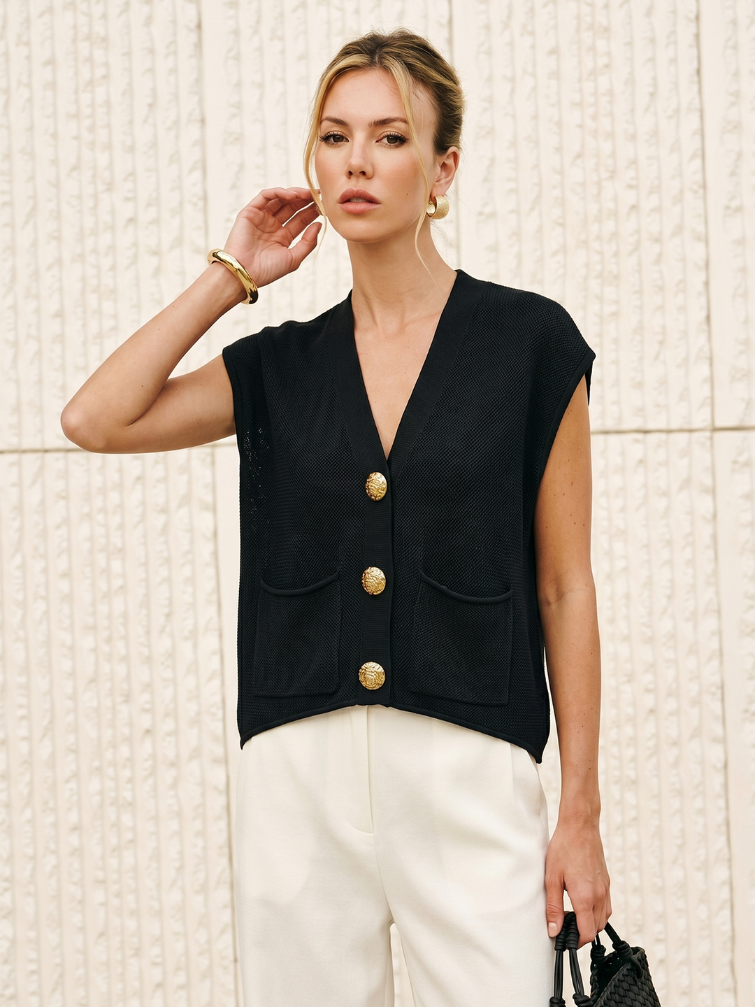 Embossed Button Sleeveless Knit Vest