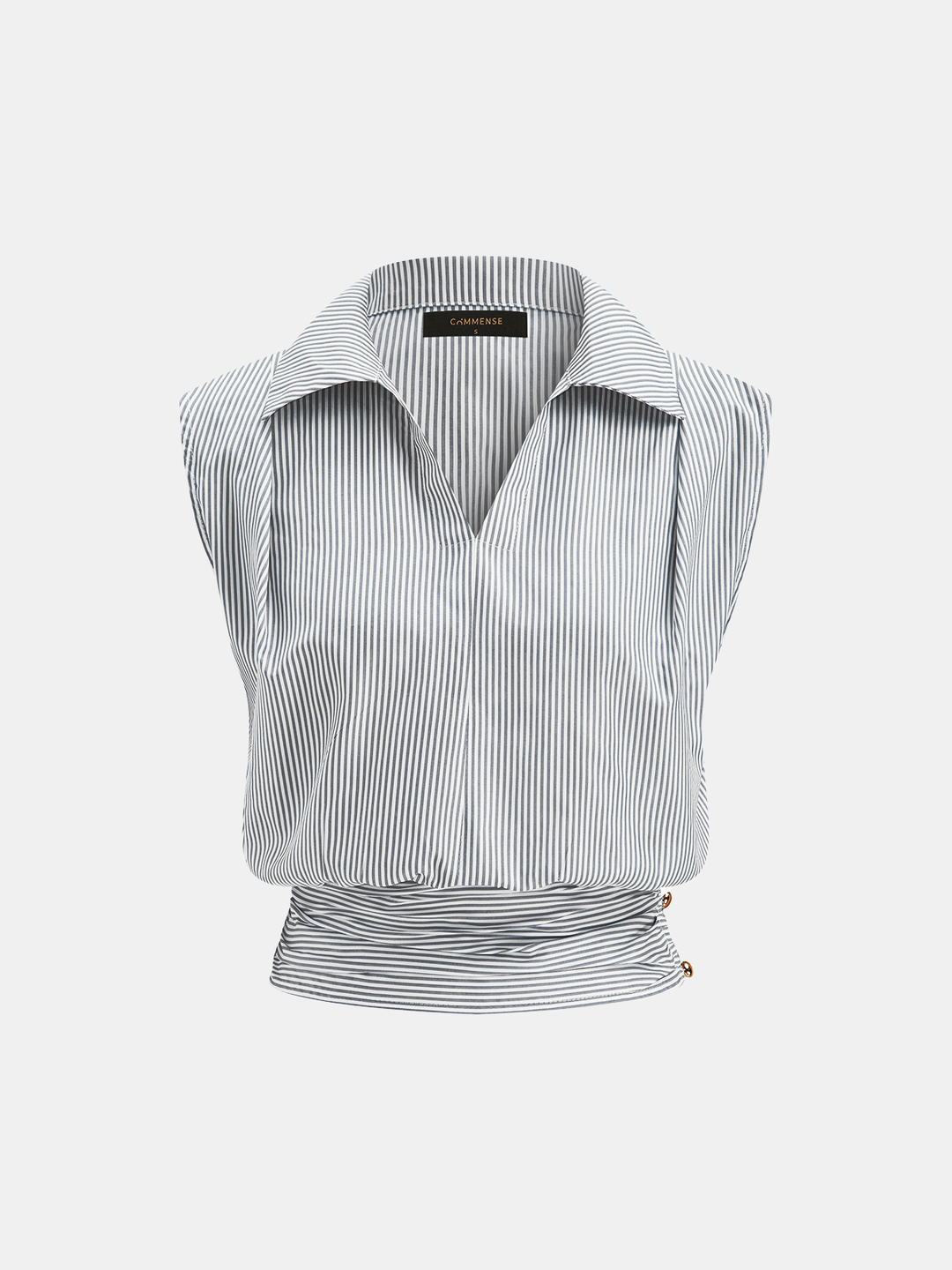 Striped Collared Sleeveless Cinched Blouse