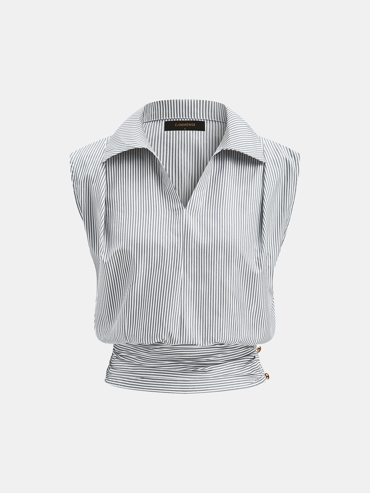Striped Collared Sleeveless Cinched Blouse