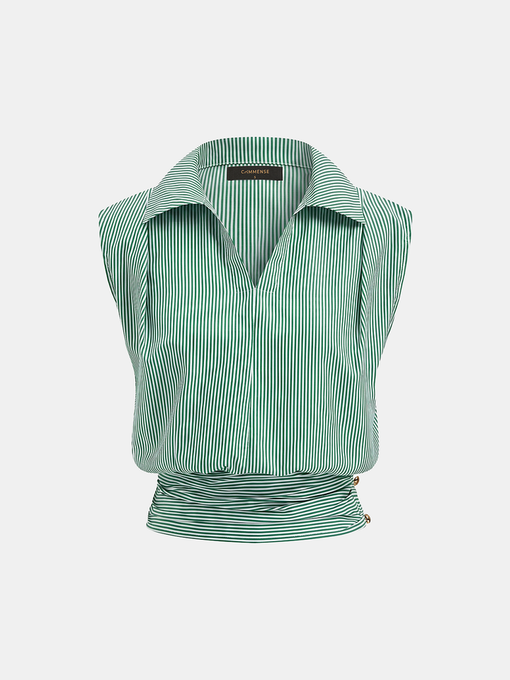 Striped Collared Sleeveless Cinched Blouse