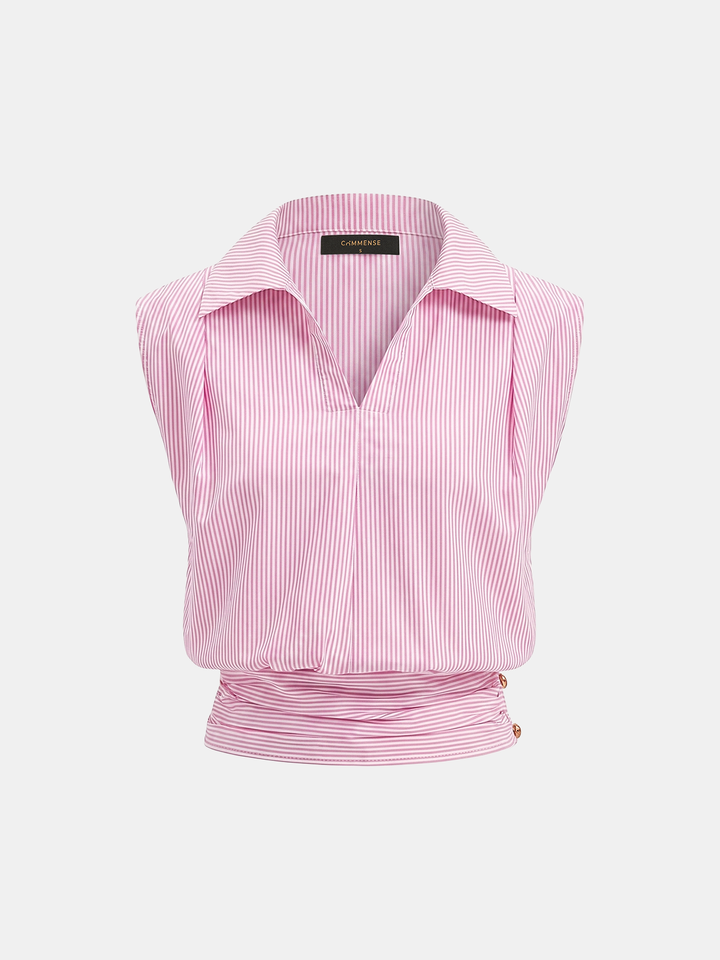 Striped Collared Sleeveless Cinched Blouse