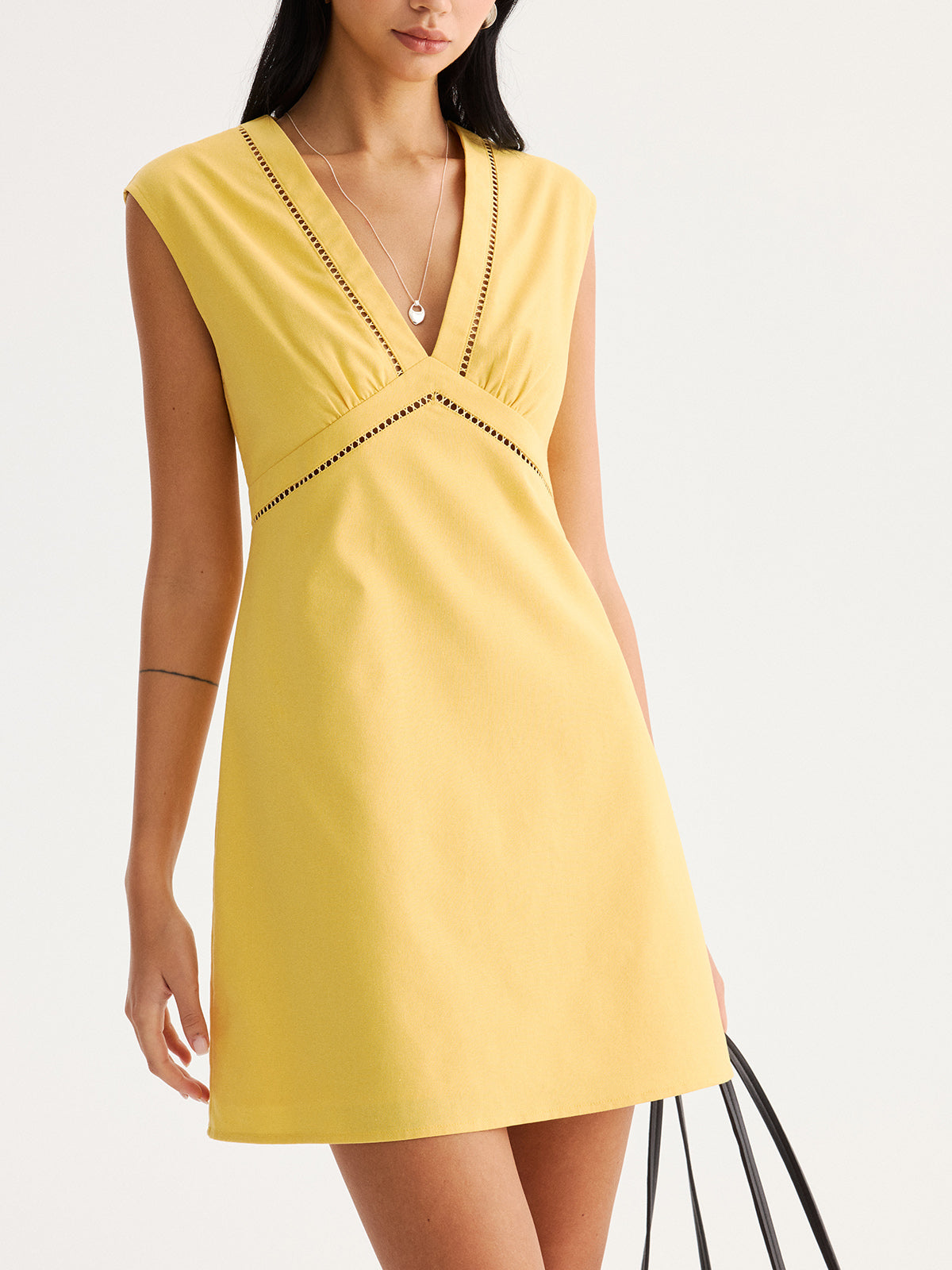 Linen Blend Eyelet Trim Sleeveless Mini Dress