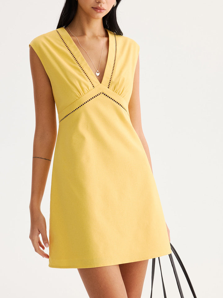 Linen Blend Eyelet Trim Sleeveless Mini Dress