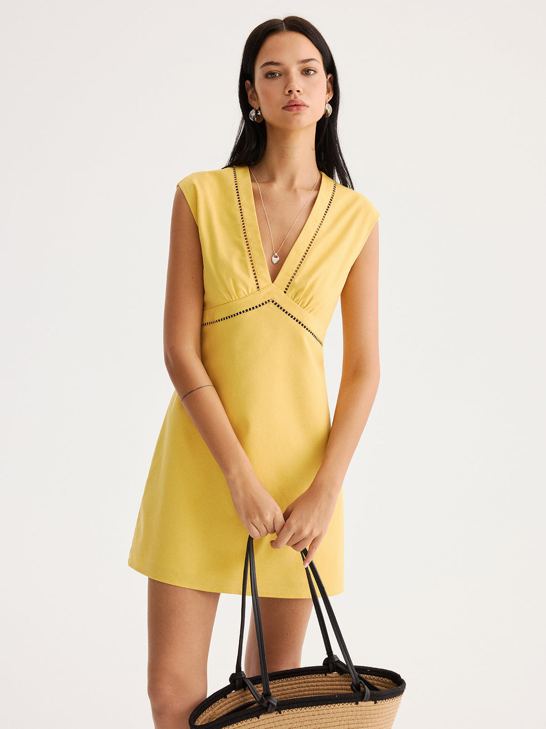 Linen Blend Eyelet Trim Sleeveless Mini Dress