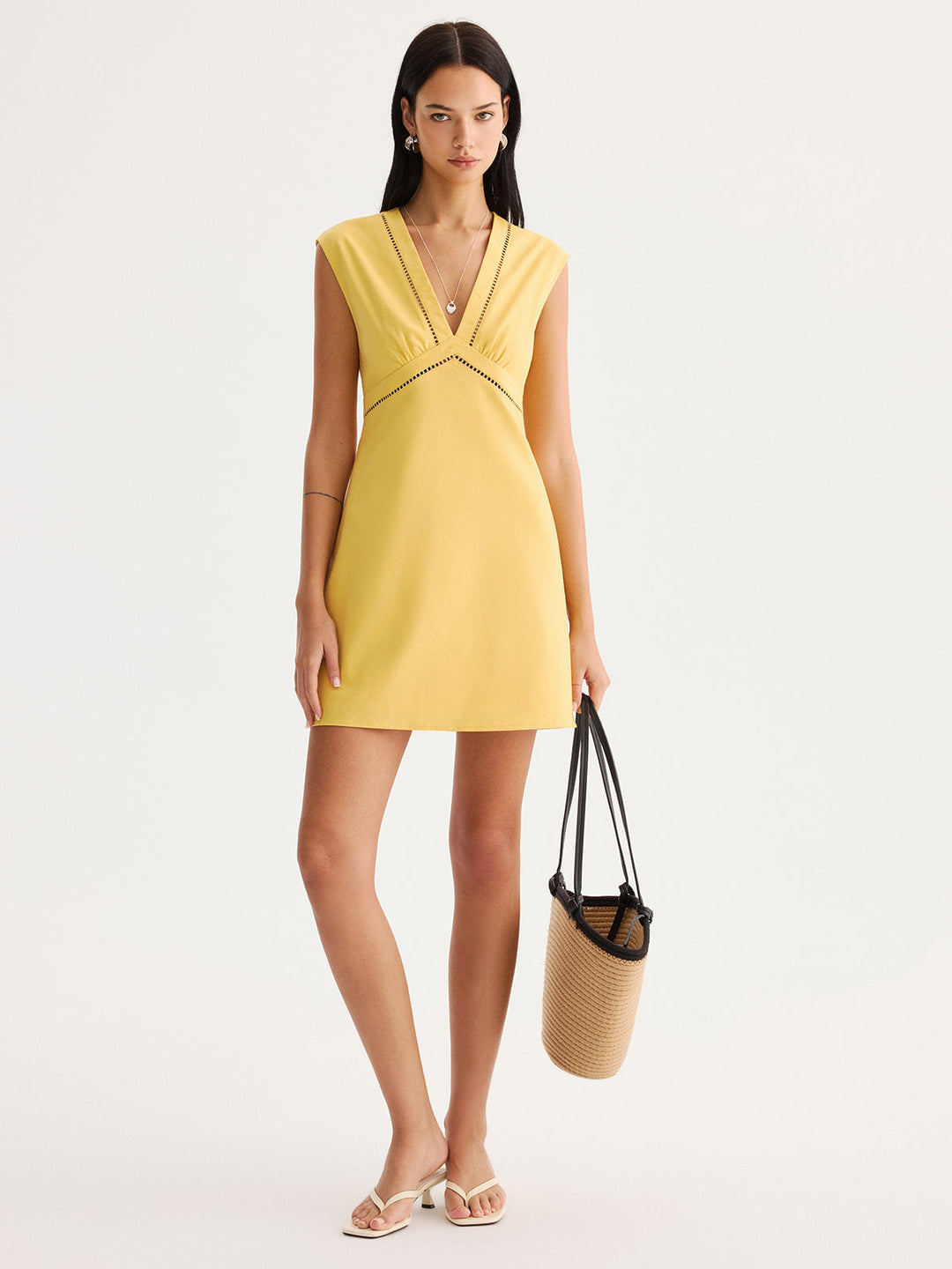 Linen Blend Eyelet Trim Sleeveless Mini Dress