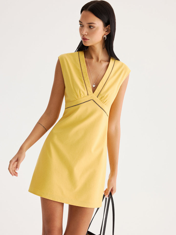 Linen Blend Eyelet Trim Sleeveless Mini Dress