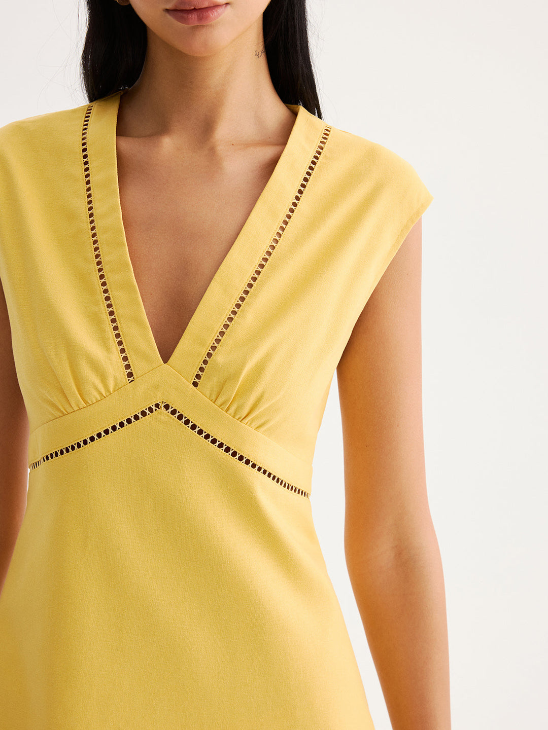 Linen Blend Eyelet Trim Sleeveless Mini Dress