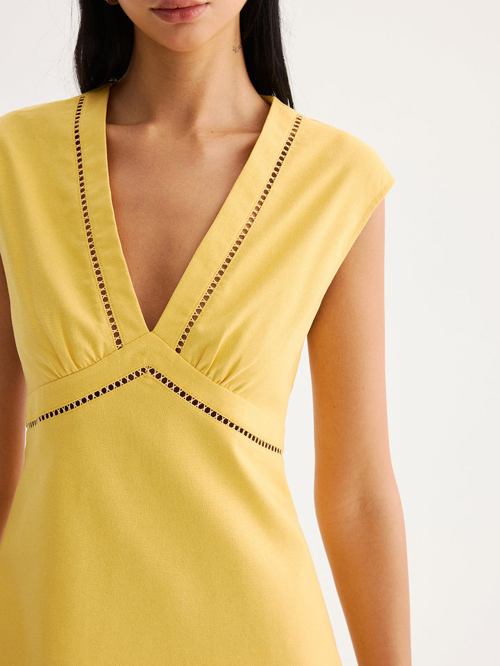 Linen Blend Eyelet Trim Sleeveless Mini Dress