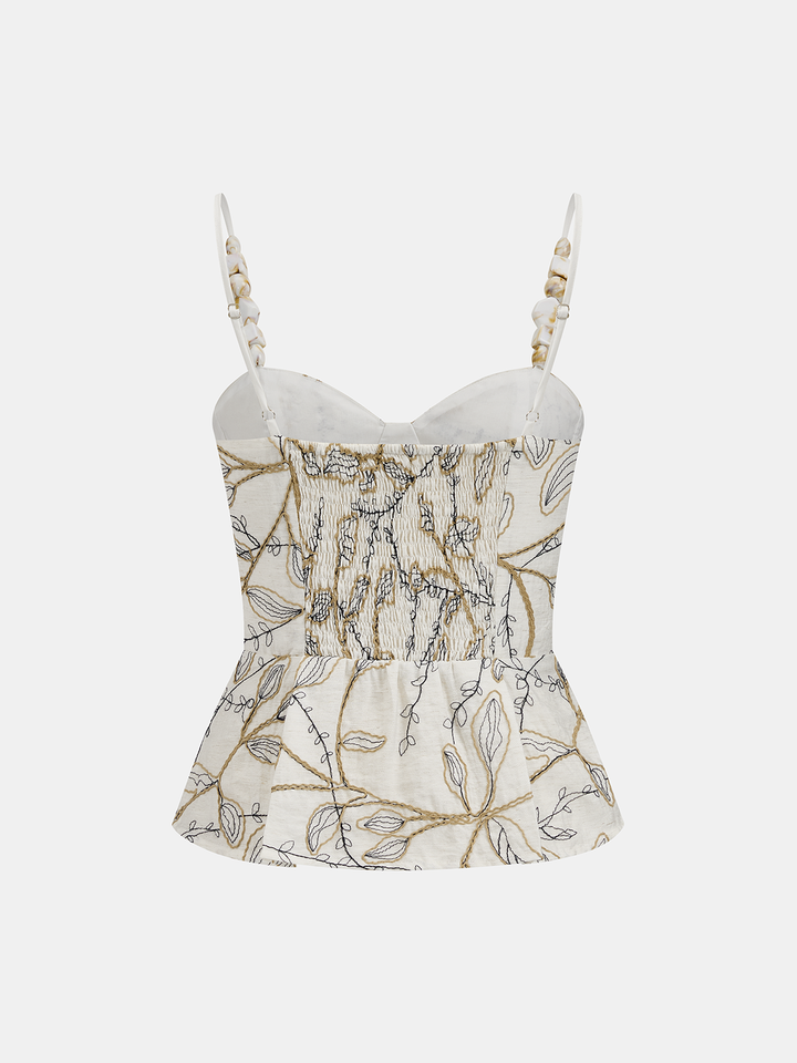 Leaf Embroidered Beaded Strap Peplum Top