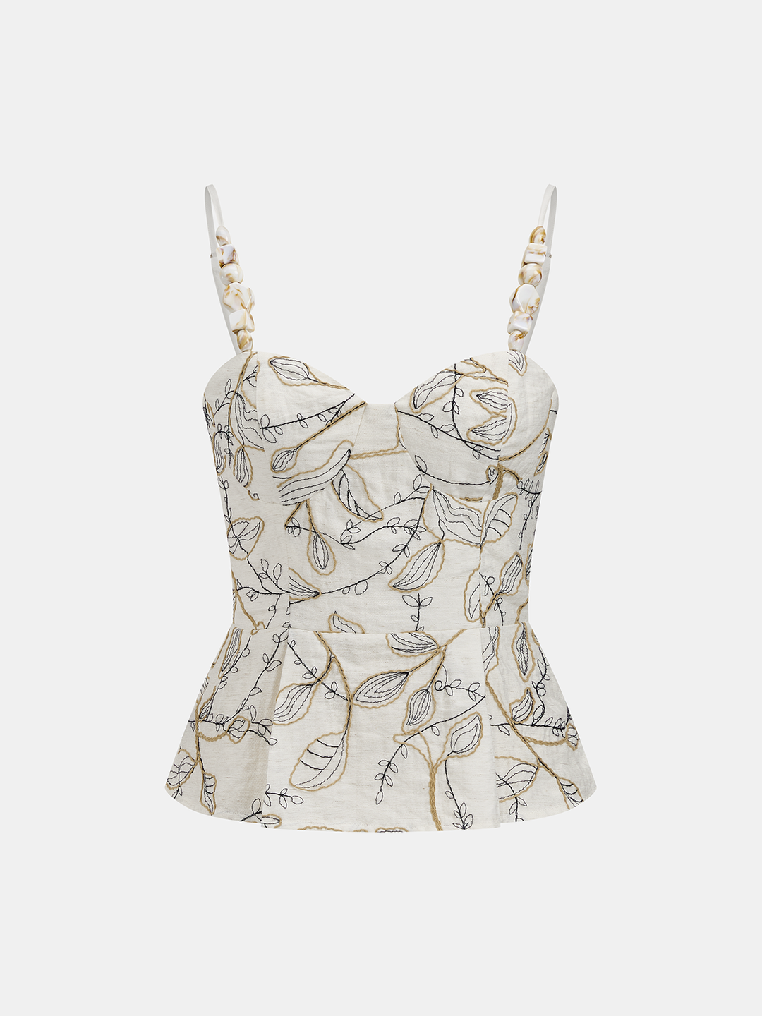 Leaf Embroidered Beaded Strap Peplum Top