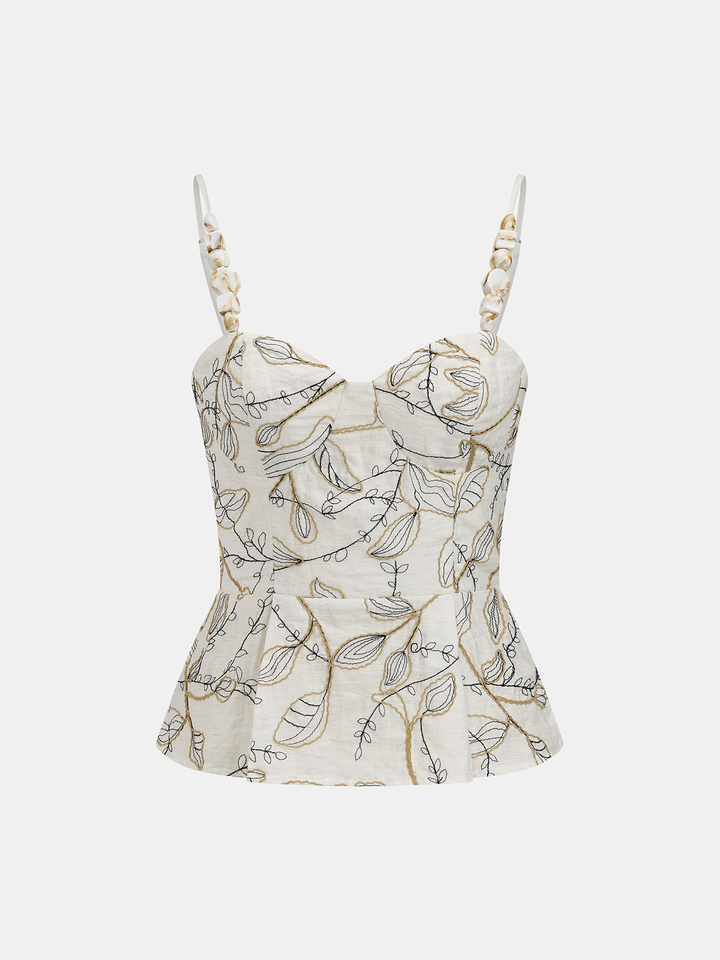 Leaf Embroidered Beaded Strap Peplum Top
