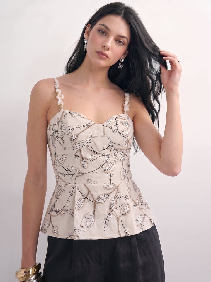 Leaf Embroidered Beaded Strap Peplum Top