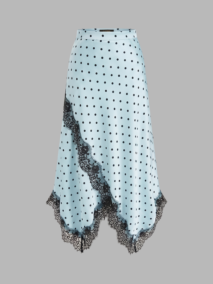 Polka Dot Lace Trim Asymmetric Midi Skirt