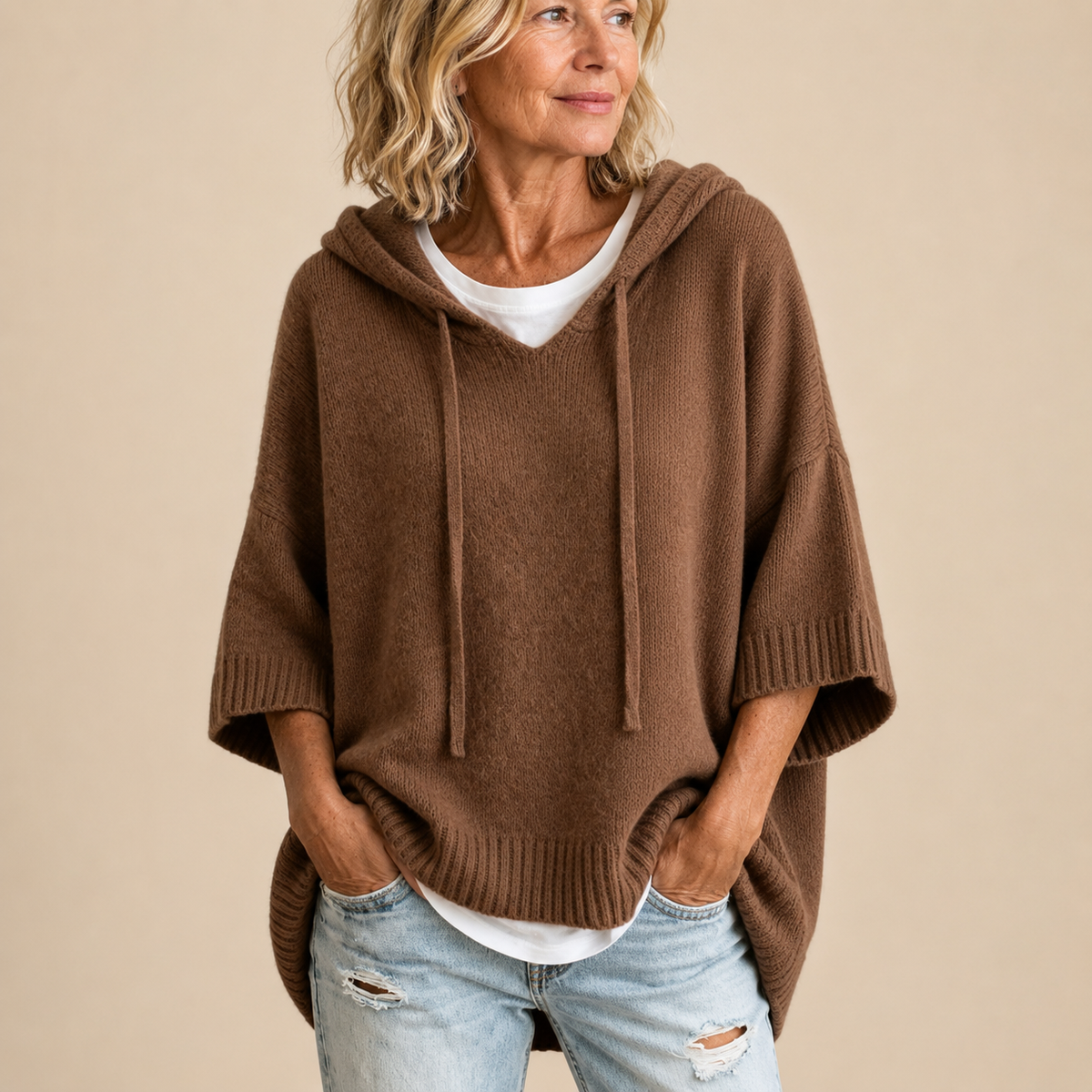 Ottavia™ | Hooded Knit Poncho with Three-Quarter Sleeves