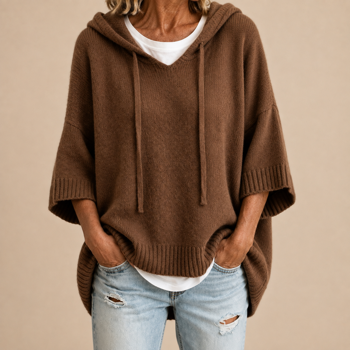 Ottavia™ | Hooded Knit Poncho with Three-Quarter Sleeves