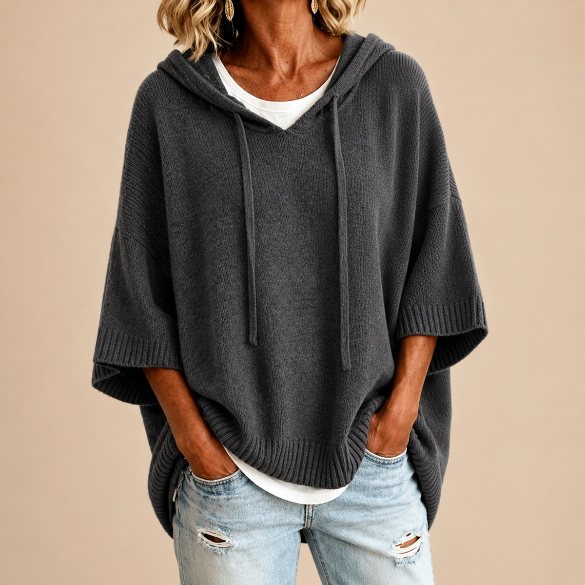 Ottavia™ | Hooded Knit Poncho with Three-Quarter Sleeves