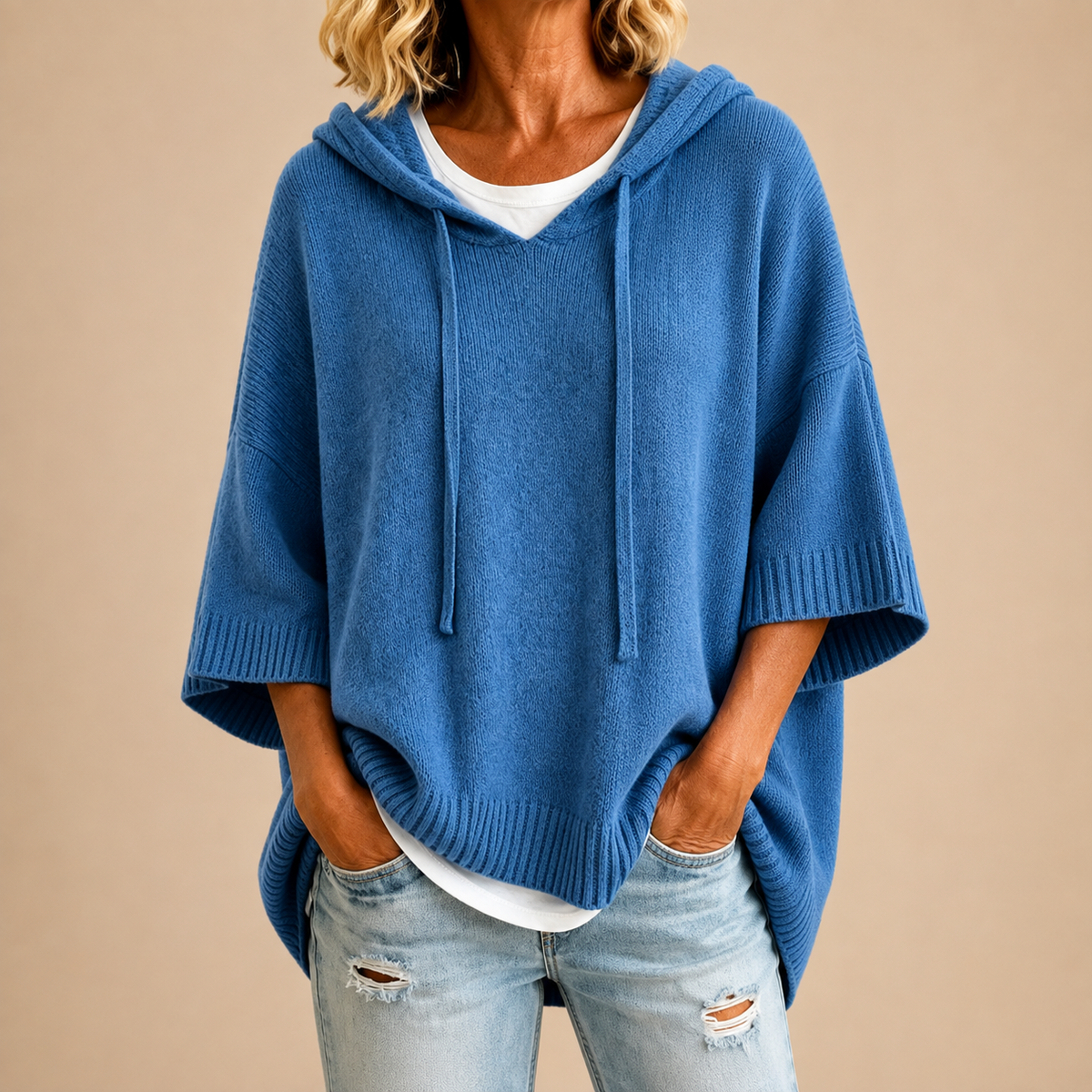 Ottavia™ | Hooded Knit Poncho with Three-Quarter Sleeves