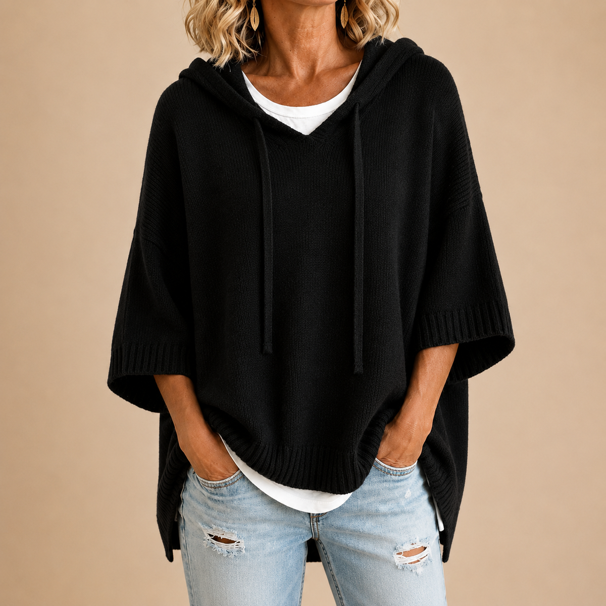 Ottavia™ | Hooded Knit Poncho with Three-Quarter Sleeves