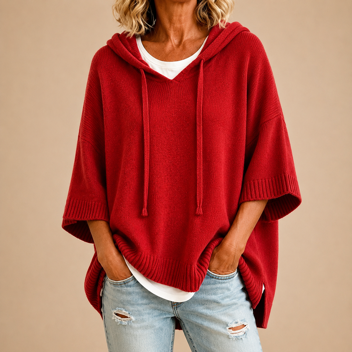 Ottavia™ | Hooded Knit Poncho with Three-Quarter Sleeves