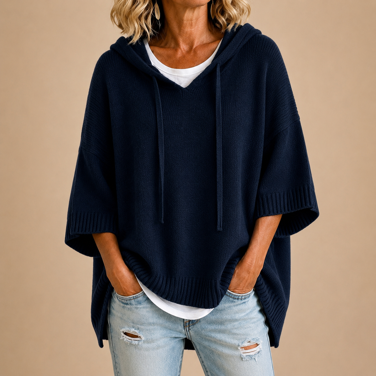 Ottavia™ | Hooded Knit Poncho with Three-Quarter Sleeves
