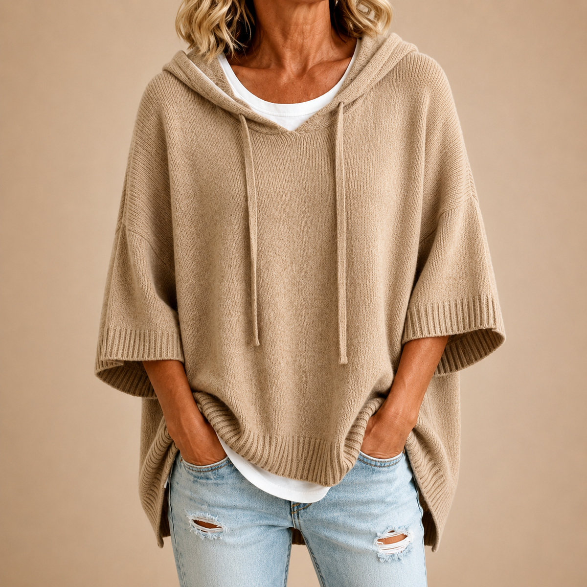 Ottavia™ | Hooded Knit Poncho with Three-Quarter Sleeves