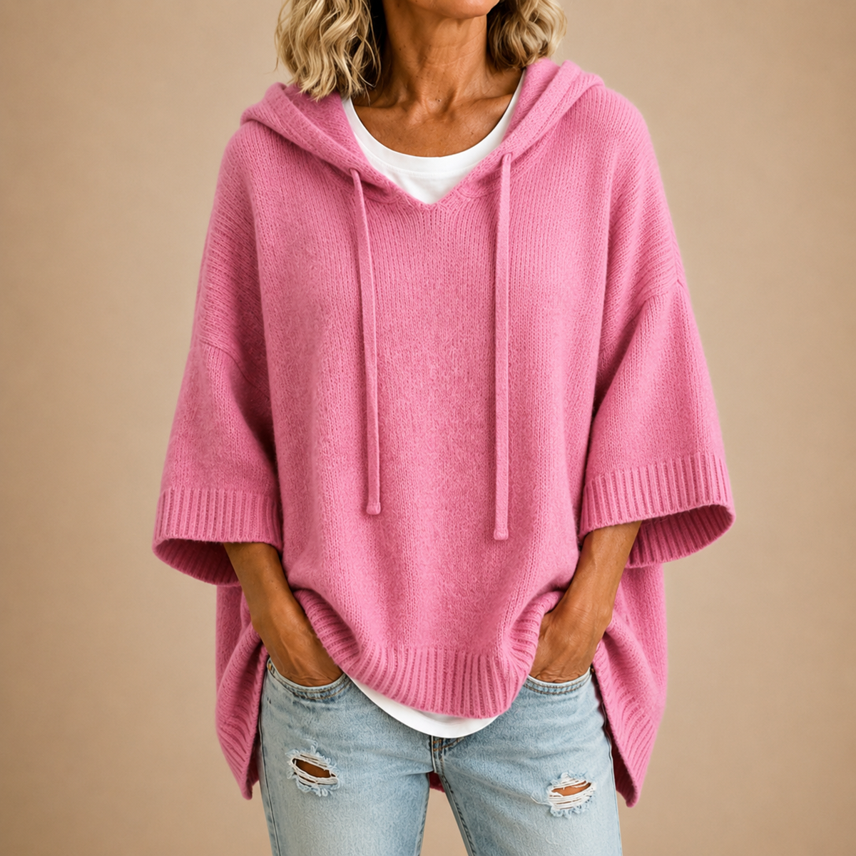 Ottavia™ | Hooded Knit Poncho with Three-Quarter Sleeves