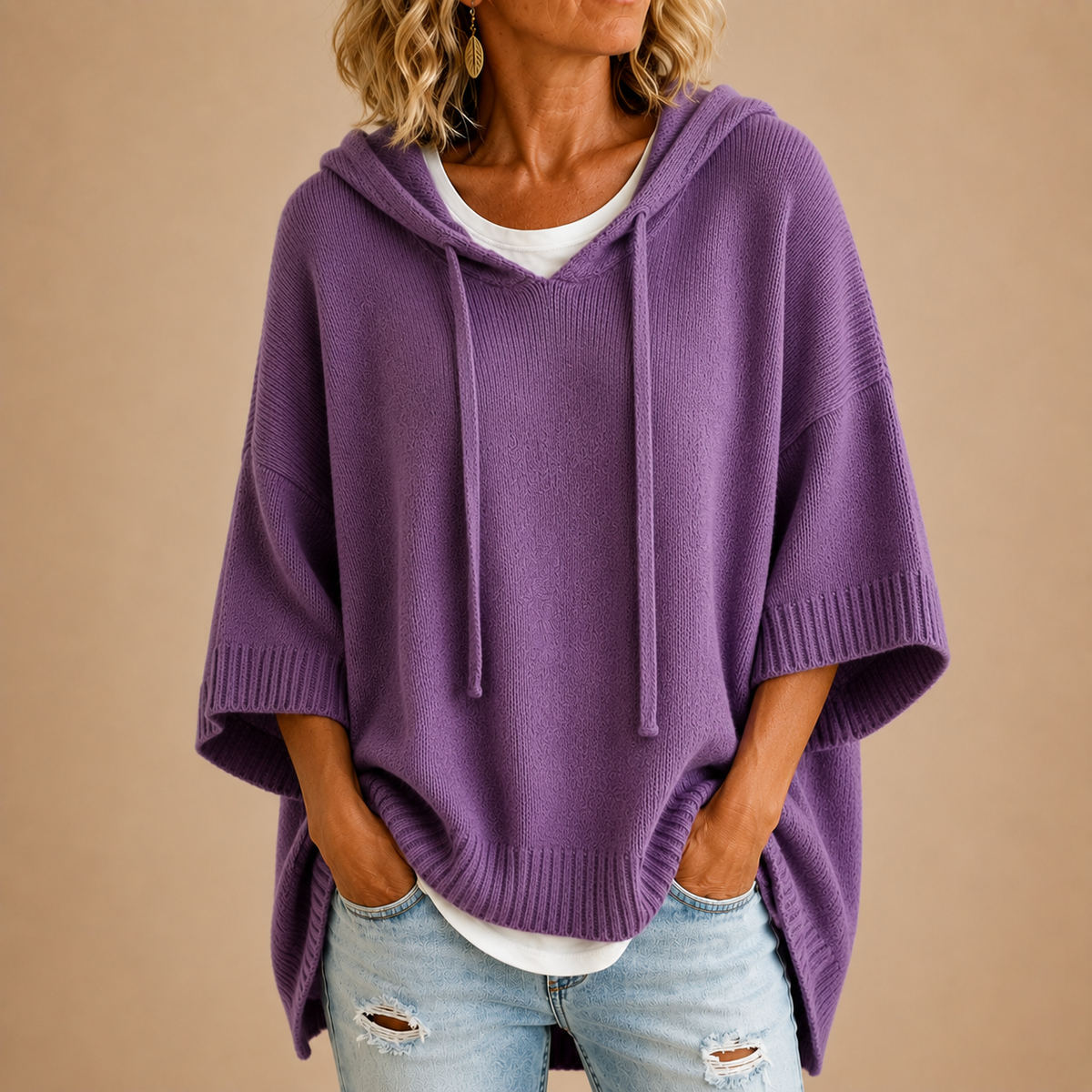 Ottavia™ | Hooded Knit Poncho with Three-Quarter Sleeves