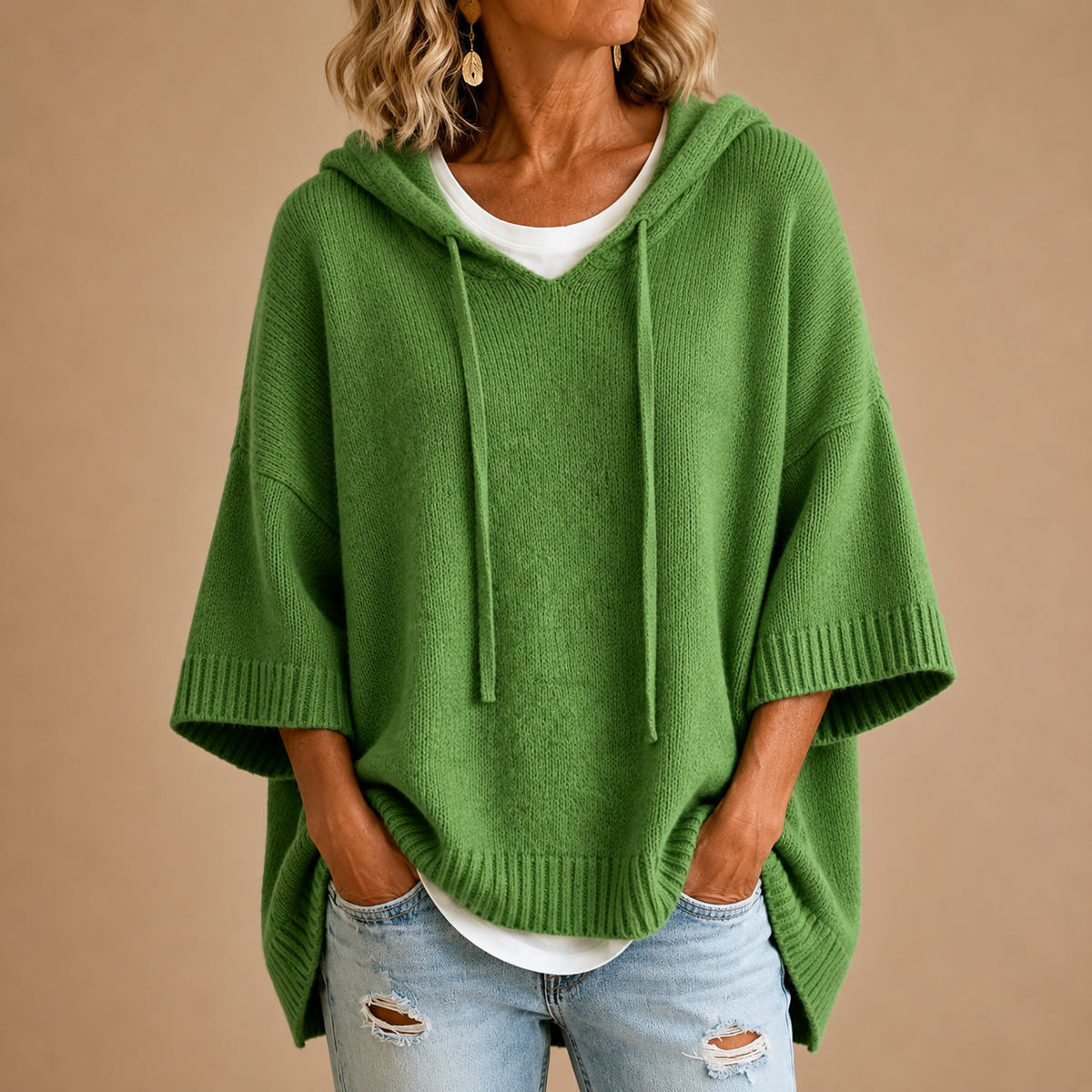 Ottavia™ | Hooded Knit Poncho with Three-Quarter Sleeves