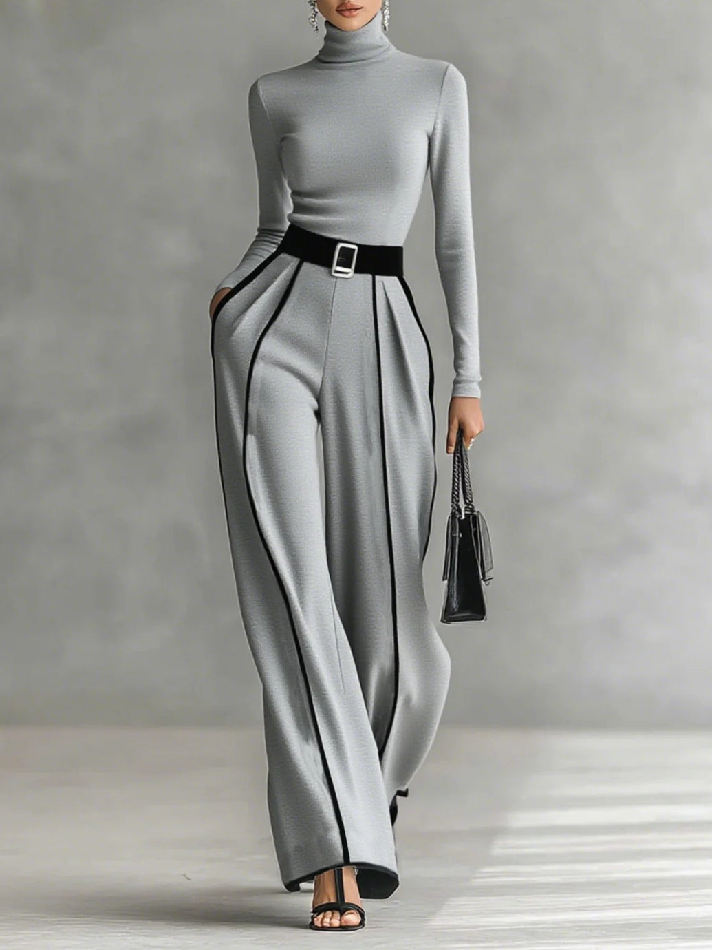 Solana | Long Sleeve Turtleneck and Wide Leg Pants Set with Belt