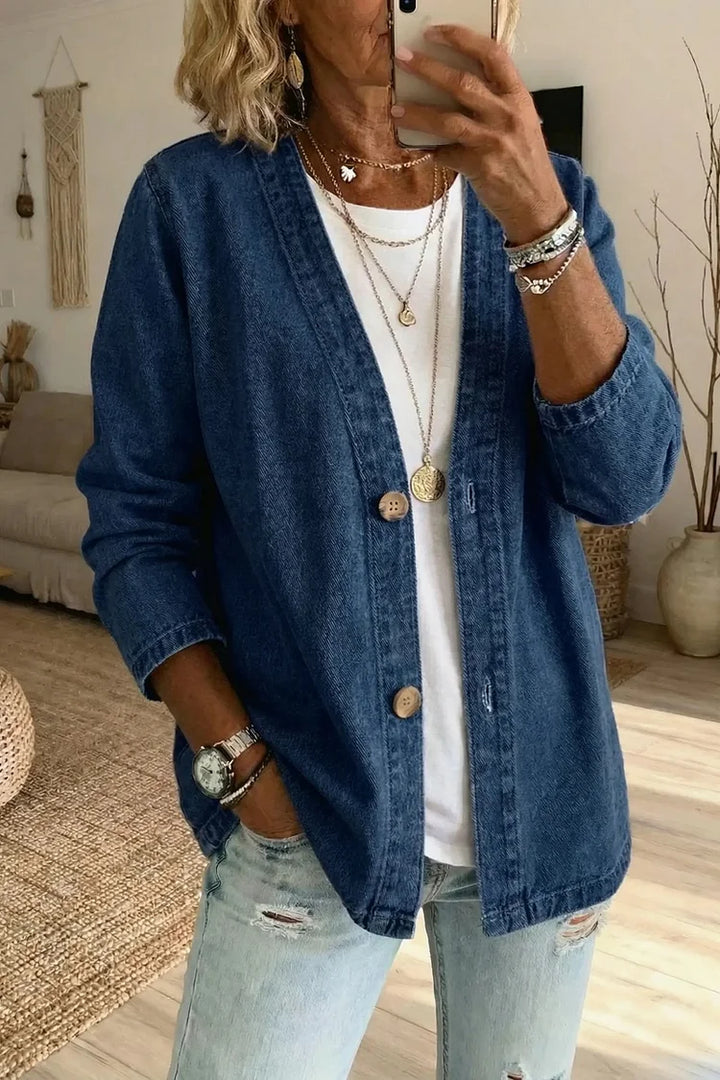 Women's Classic Button Front Denim Jacket – V-Neck, Breathable Fabric & Relaxed Fit 💙